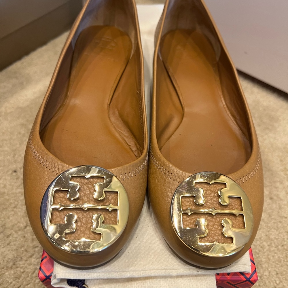 Tory Burch Reva Tan Leather Flats
